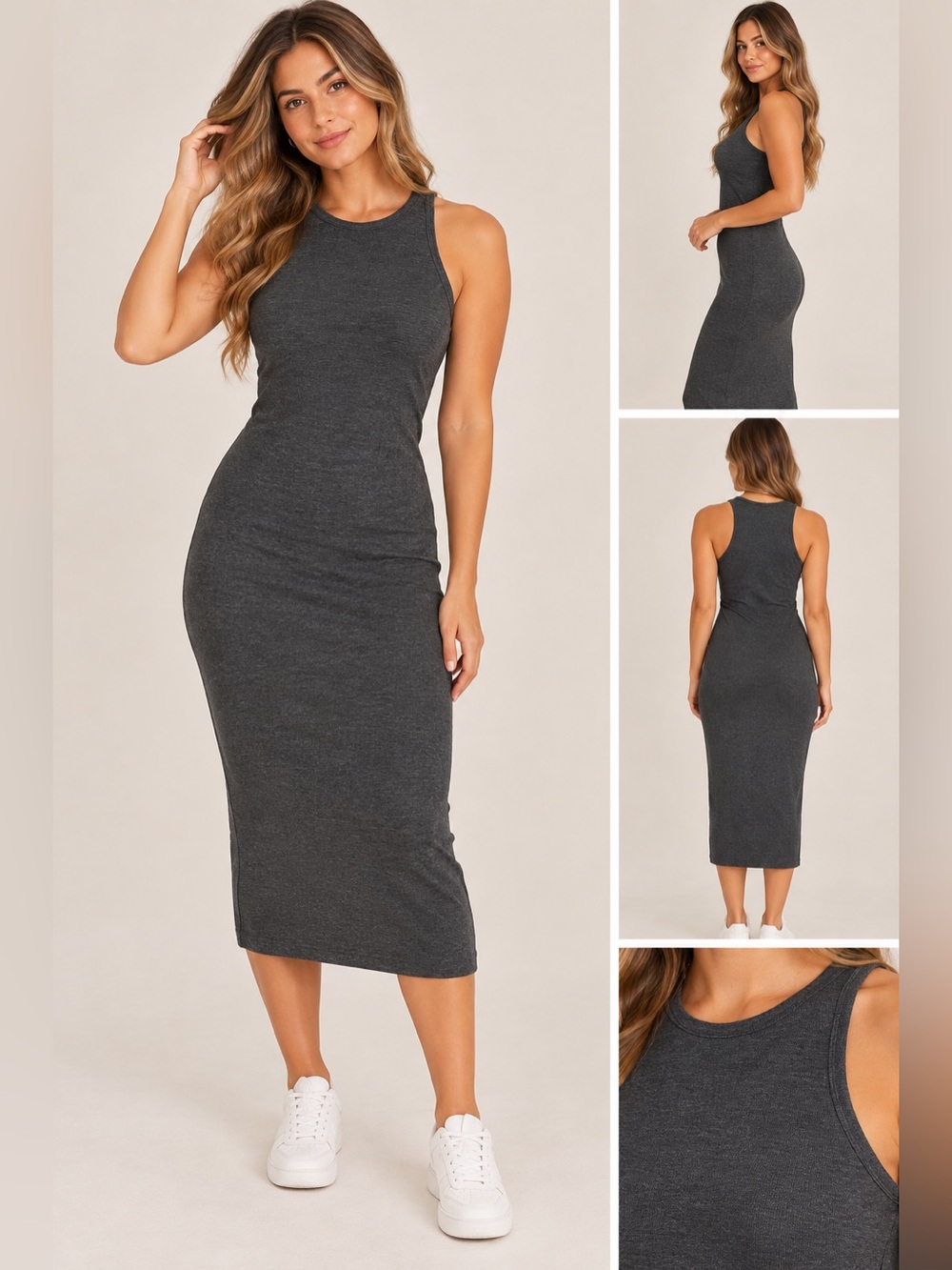 NWOT Forever 21 Charcoal Heather Grey Racerback Tank High Neck Midi Dress
